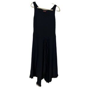 Barbara Lesser Shift Dress  Sz S Sleeveless Midi Black tie waist Asymmetrical‎ ￼